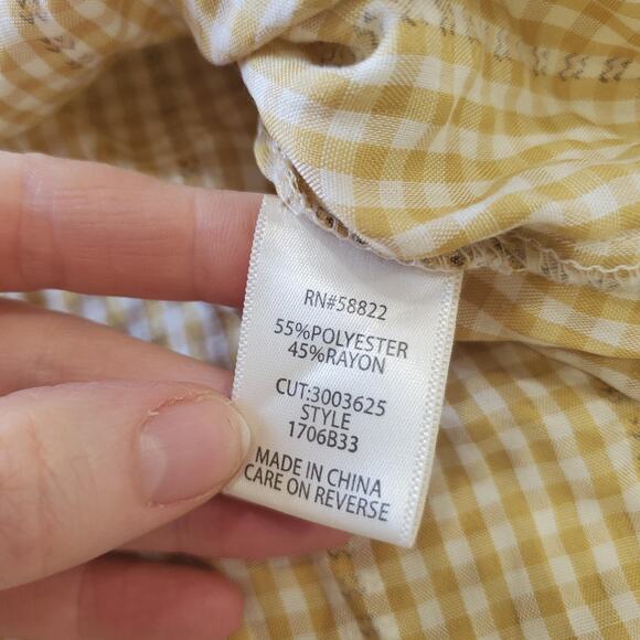 Cottagecore Shirt Womens XL Yellow White Gingham Embroidered Peasant Boho Top - Picture 7 of 9